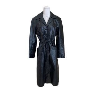 Vintage 70s Women’s Berman’s Long Black Leather Coat Button Up with Belt